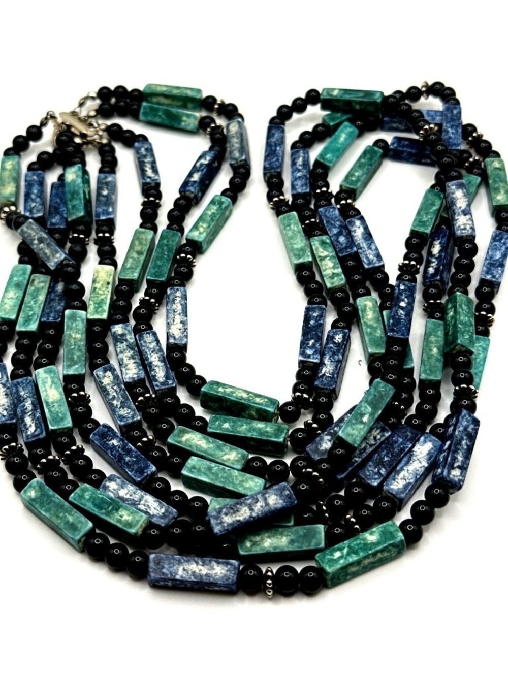 Vibrant Blue Green Multi Strand Necklace Rectangle Shape Acrylic Beads